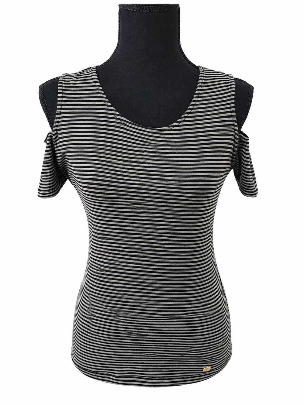 Michael Kors Black & Olive Stripe Cold Shoulder Top Size Small Gold Logo